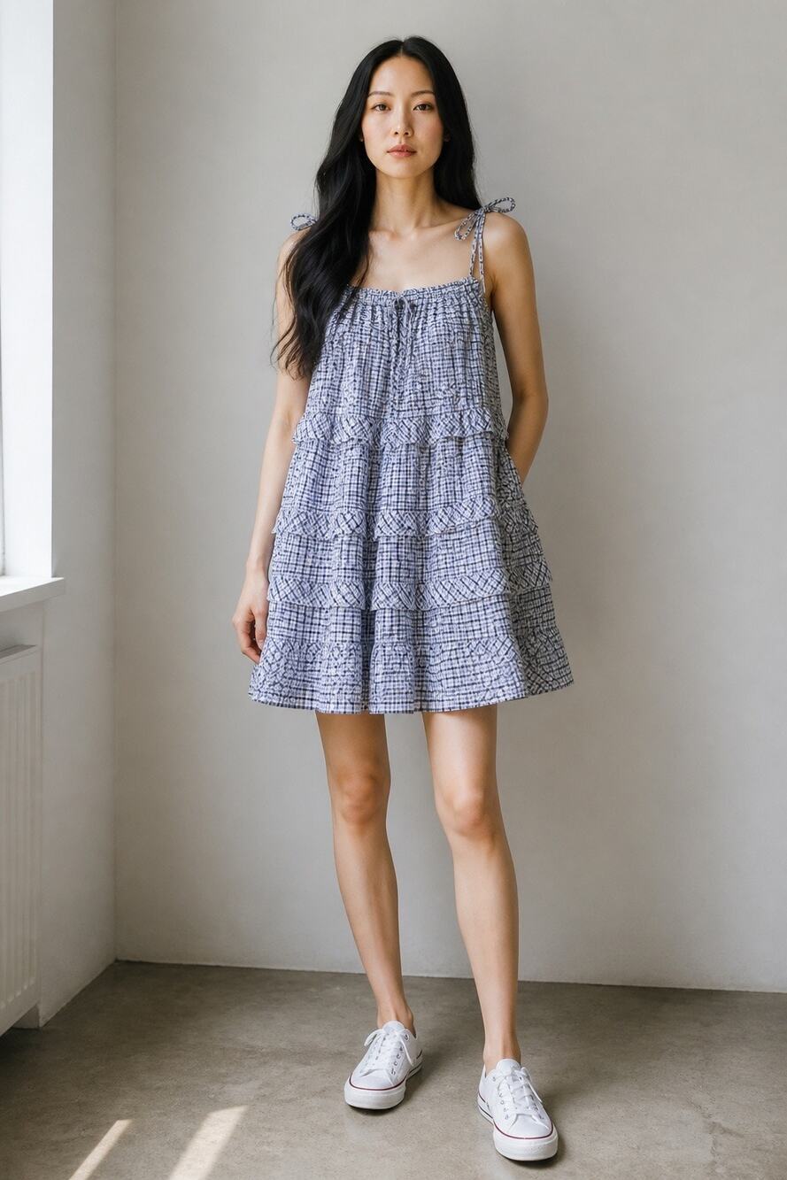 Cotton Emporium Gingham Tiered Ruffle Midi Dress Blue White Tie Strap Large